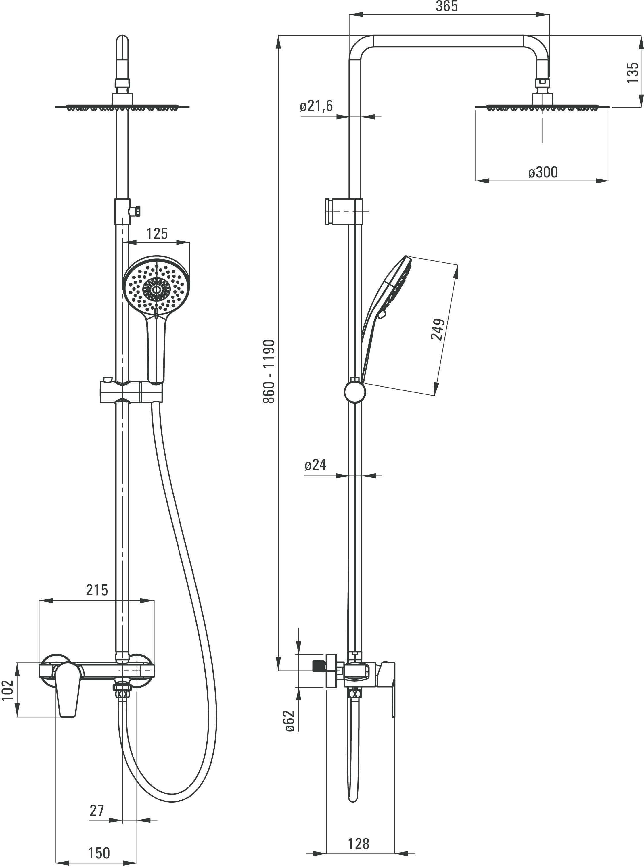 Deszczownica z baterią mieszaczową i słuchawką prysznicową AGAWA NAC 01QG Deante - rysunek techniczny
